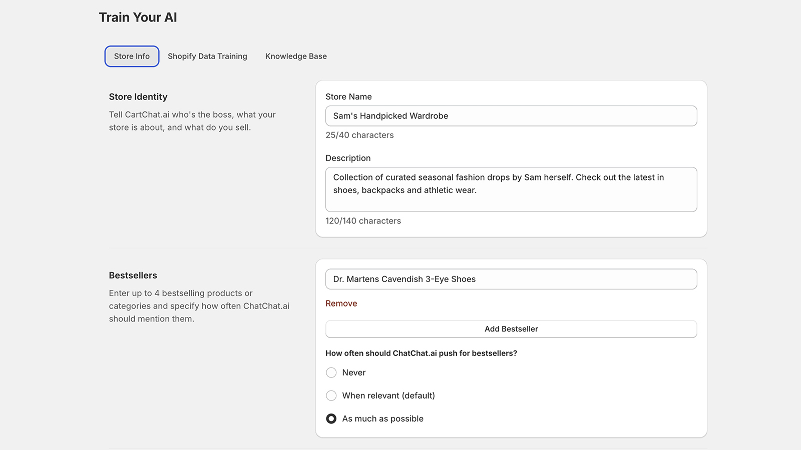 Admin: Tell CartChat your store identity and which products to push