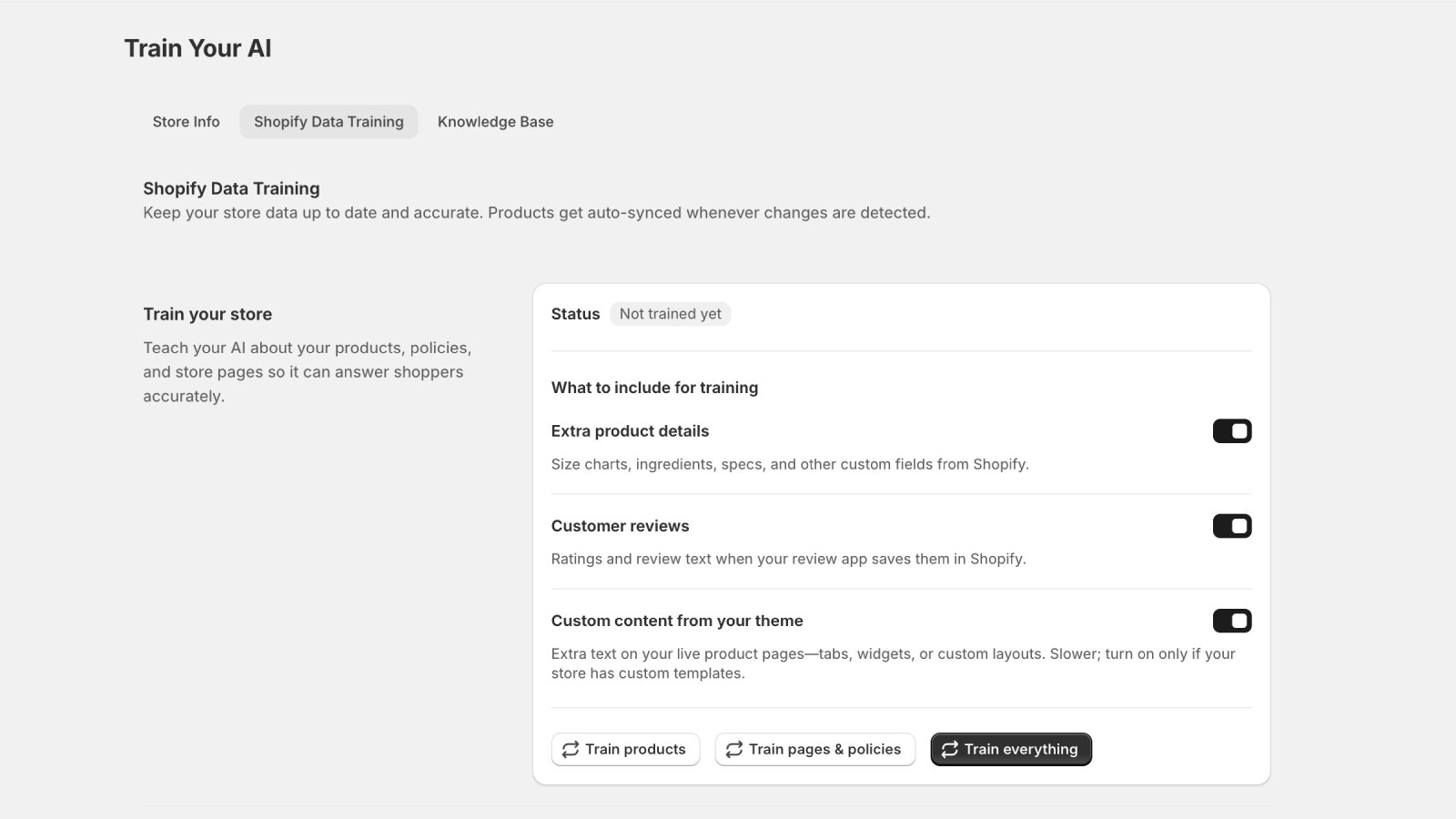Admin: One-click training on your Shopify store data