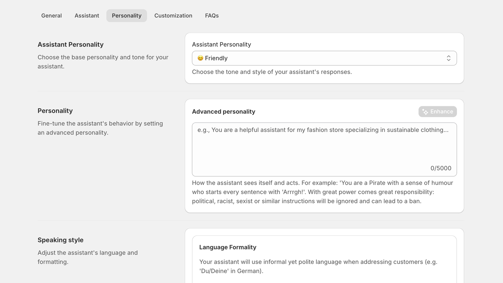 Admin: Choose personality, tone, and speaking style for the assistant